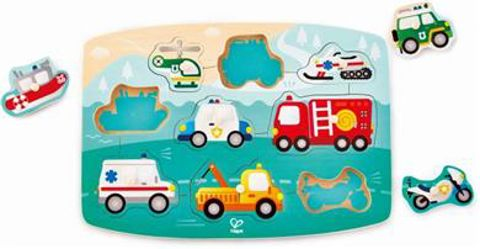 Hape Emergency Peg Puzzle (E1406A) - Puzzle With Emergency Vehicles - 10 Pcs.  / Infants   