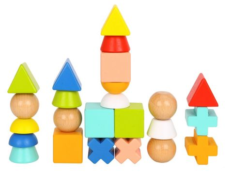Tooky Toy :: WOODEN STACKING GAME WITH SHAPES & CARDS  / Wooden   